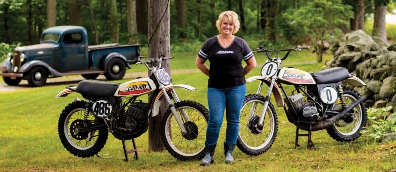 woman with Vintage dirt bikes