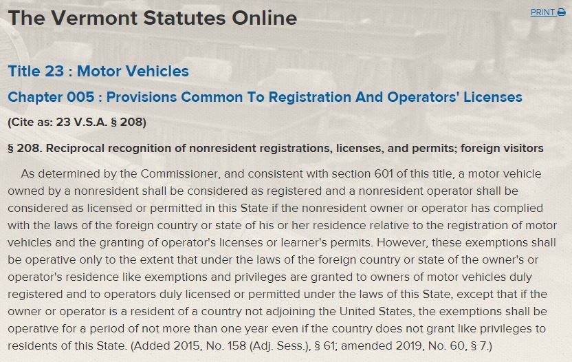 Vermont motor vehicle registration law for nonresident vehicles and operator licenses explained online
