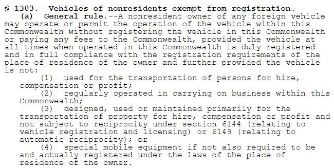Pennsylvania vehicle registration exemption rules for nonresident foreign vehicle owners operating without Commonwealth
