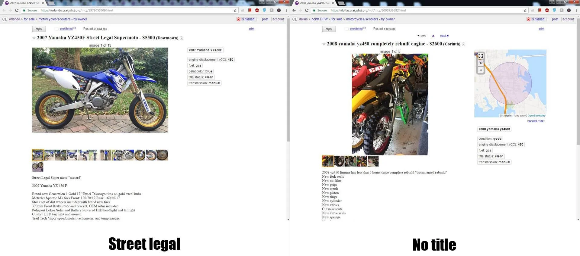 YZ450F street legal vs no title