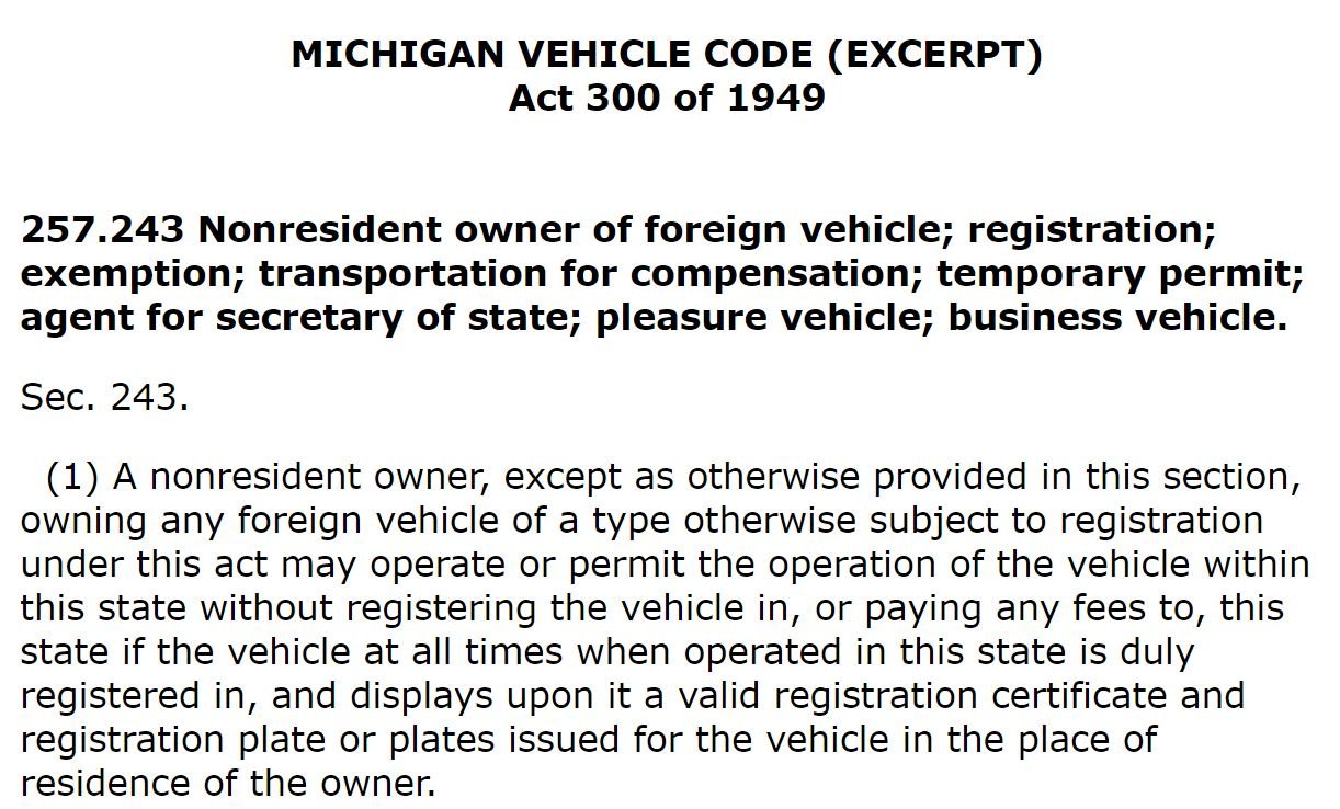 Michigan Vehicle Code Act 300 excerpt on nonresident foreign vehicle registration requirements and exemptions for street