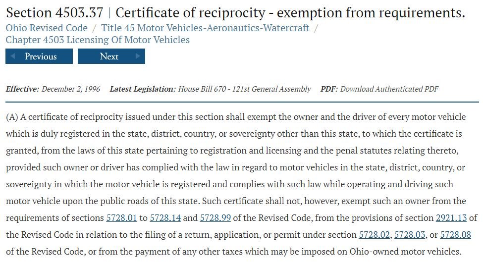 UTV street-legal registration requirements under Ohio Revised Code Section 4503.37 certificate of reciprocity exemption