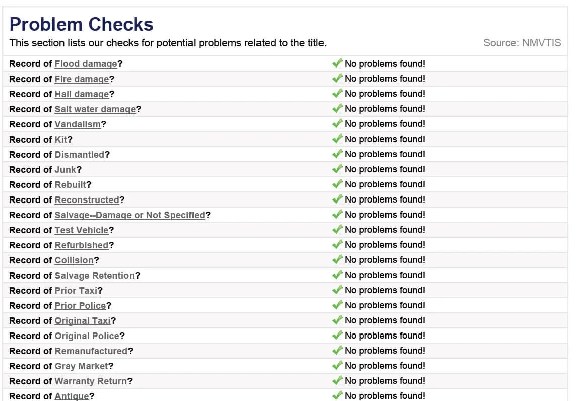 VIN check problem checks