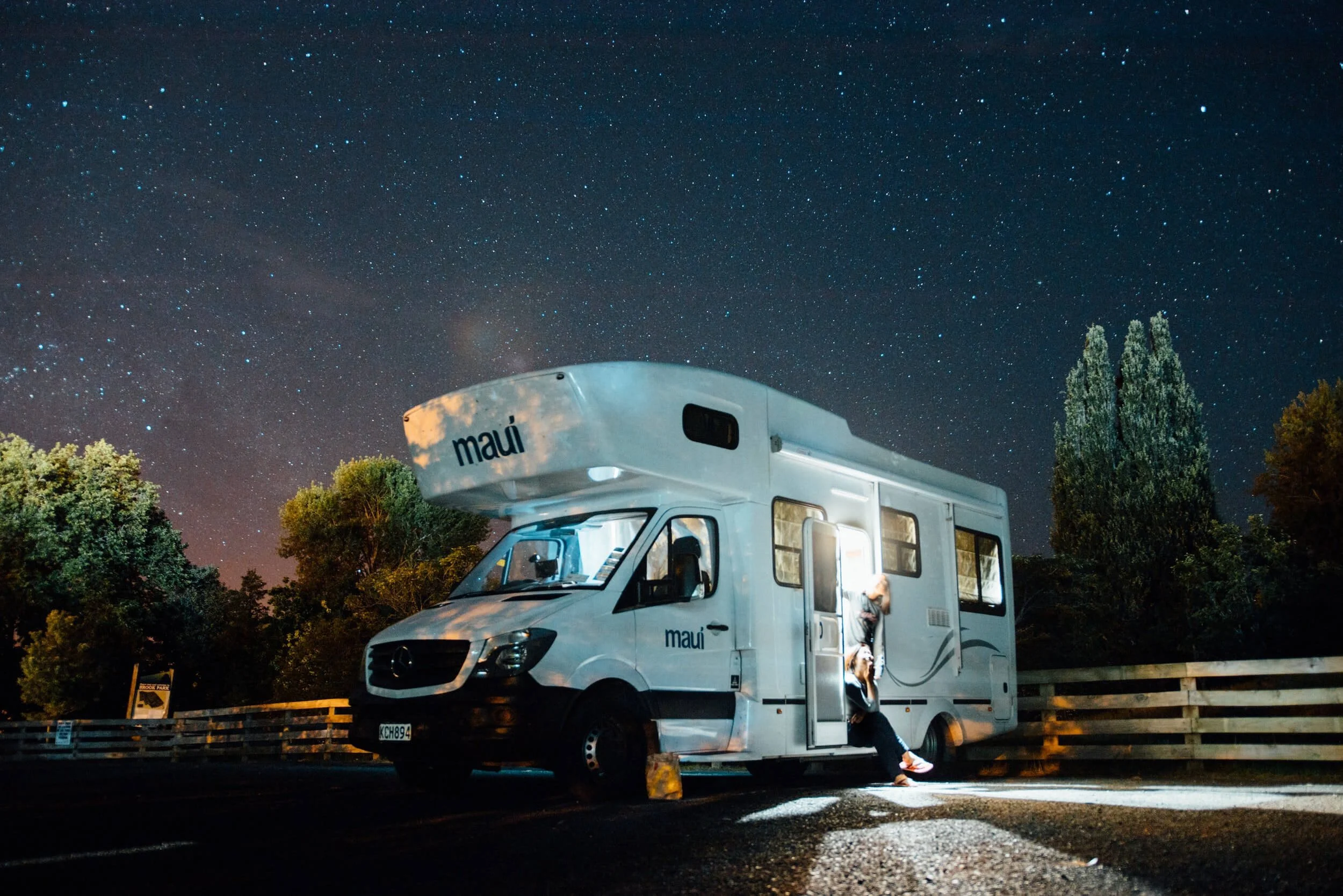 RV parked at night