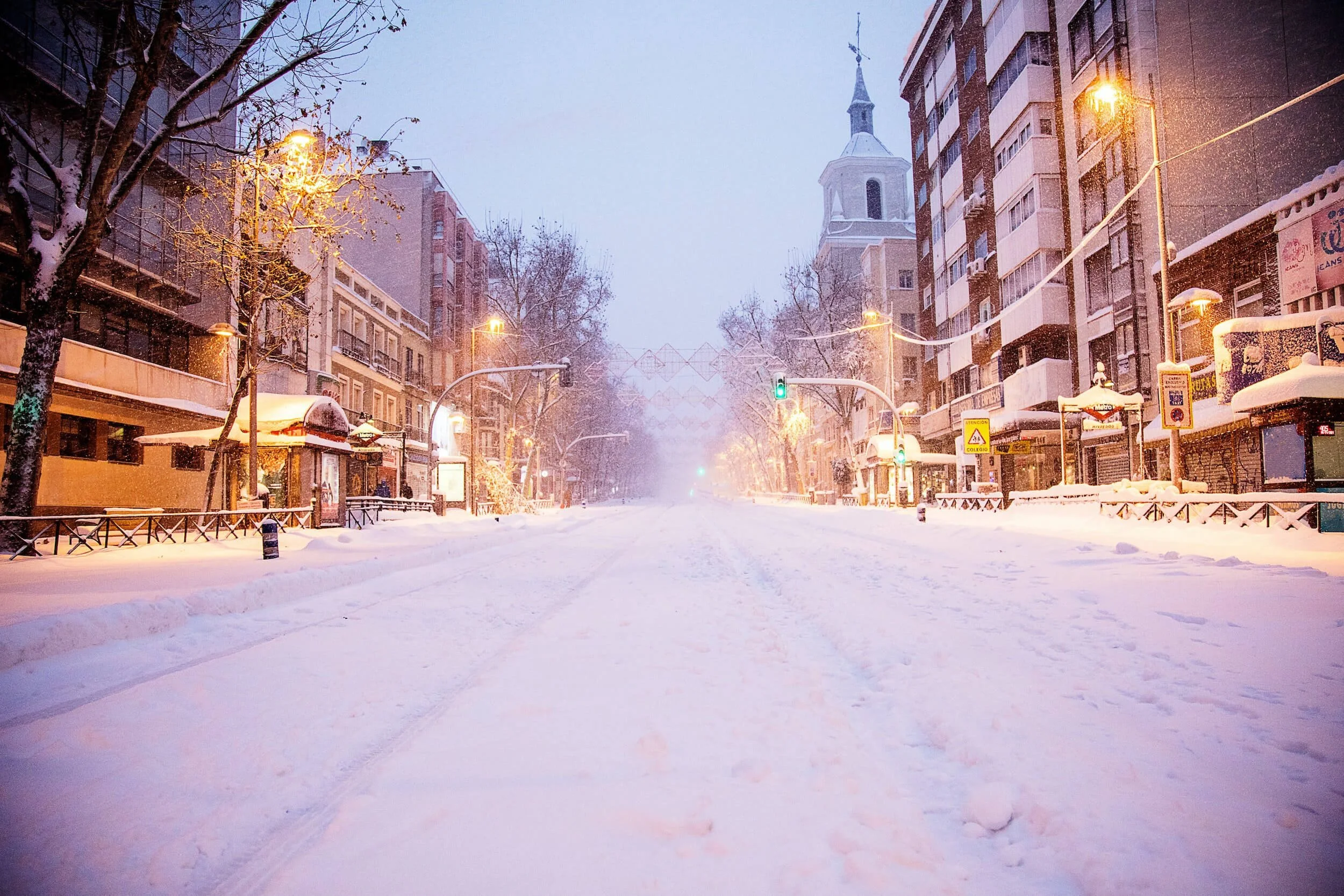 snow covered street cityscape