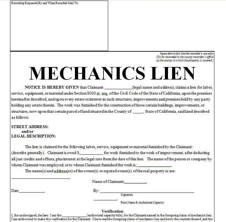 sample mechanic's lien