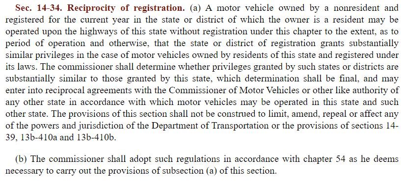 Connecticut motor vehicle registration law section 14-34 reciprocity guidelines for nonresident vehicles operating on state