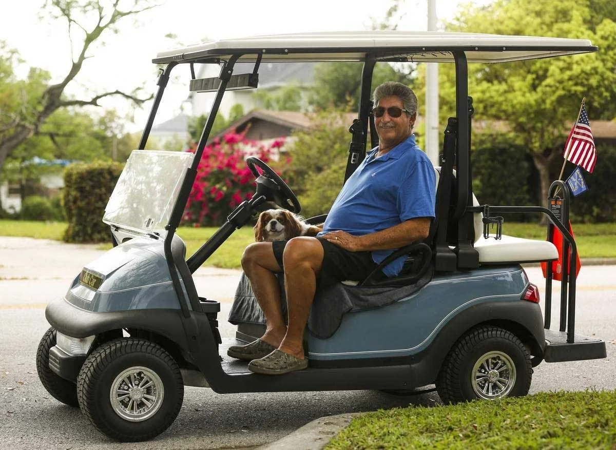 A golf cart on a public road | source