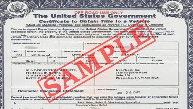 SF97, certificate to obtain title, off-road only
