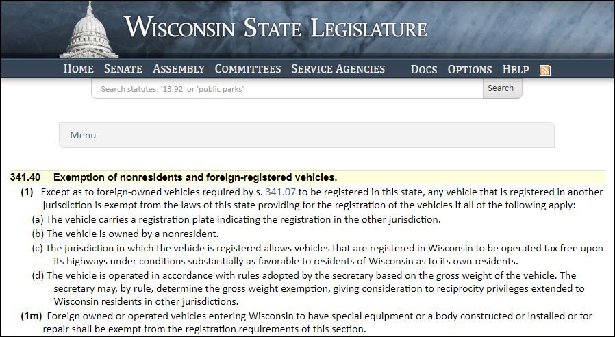 Wisconsin statute 341.40 exempting nonresidents and foreign-registered vehicles from state registration requirements