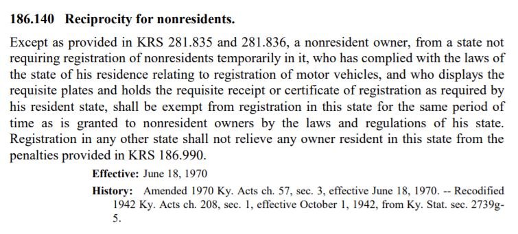Kentucky motor vehicle registration reciprocity law for nonresident owners allowing street legal UTV registration