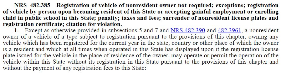 Nevada nonresident vehicle registration law NRS 482.385 allowing out-of-state UTV registration without state registration