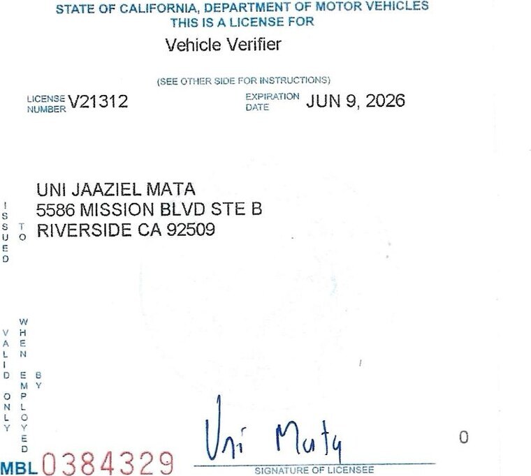 Vehicle verifier license